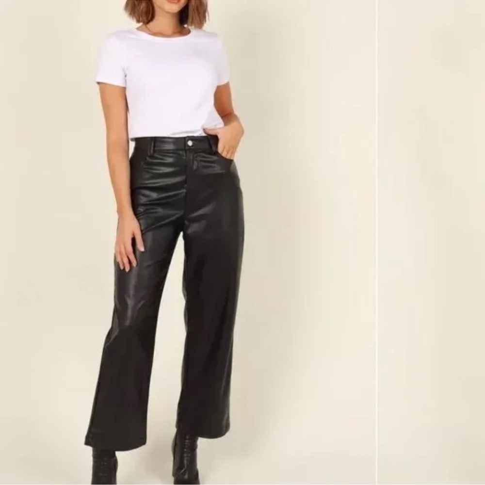 MVN The Label Eliza Faux Leather Wide Leg Pants Black Vegan Cropped
